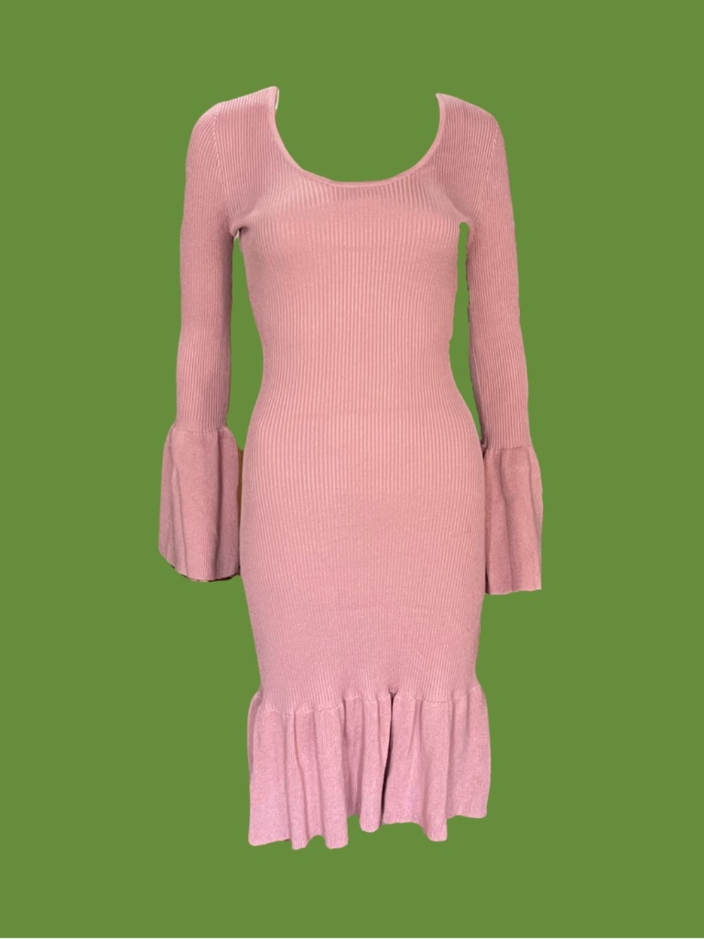 Almost Famous Dusty Pink Ribbed Bell-Sleeve Midi Dress